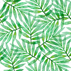 Naklejka na ściany i meble Tropical watercolor seamless pattern with green palm leaves on a white background