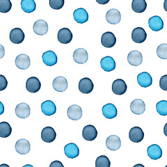 Decorative watercolor seamless pattern with polka dots. Blue round blots on a white background