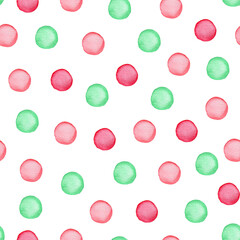 Decorative watercolor seamless pattern with polka dots. Green and red round blots on a white background