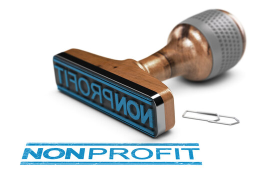 3D illustration of a rubber stamp over white background with the word nonprofit written in blue color