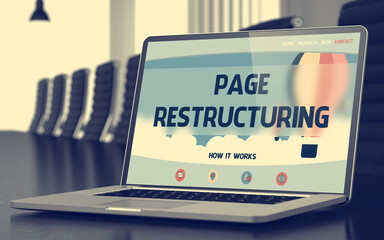 Page Restructuring. Closeup Landing Page on Mobile Computer Screen. Modern Meeting Hall Background. Blurred. Toned Image. 3D Render.