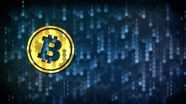 Bitcoin Crypto Currency. Yellow Logol on Digital Background with Empty Copyspace for Your Text.