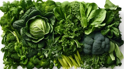 Variety of fresh green vegetables, top view, Healthy food background ai generated