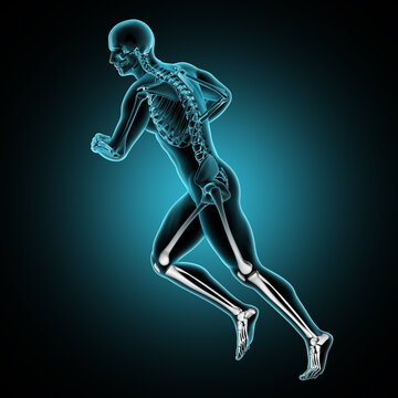 3D render of a male medical figure running with leg bones highlighted