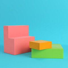 Colorfull boxes on bright blue background in pastel colors. Minimalism concept. 3d rendering