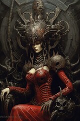 3d illustration of a woman in a red dress with horns and a skull ai generated