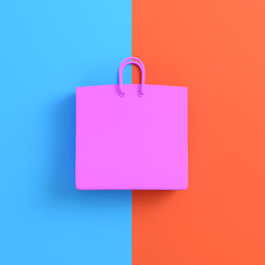Pink shopping bag on bright blue orange background. Minimalism concept. 3d render