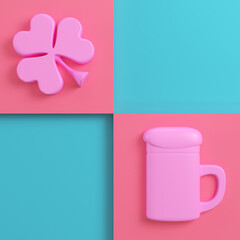 Clover and beer mug on bright red blue background in pastel colors. Top view. Minimalism concept. 3d render