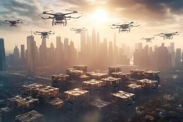 Fototapeta na wymiar drones flying in the sky over a cityscapearl image used under cci for commercial use