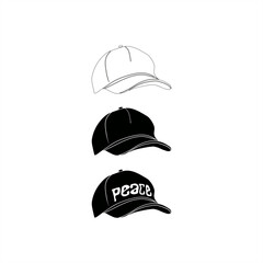 set of monochrome illustrations of simple dad hats in three styles, line art, silhouettes and emblems