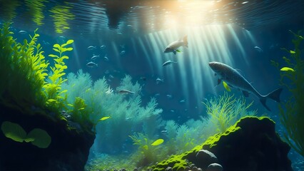 Fototapeta na wymiar Underwater camera shot of a river with fishes, aquatic plants and sunrays breaking through the water surface Created with generative AI.