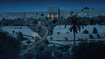 Old City of Jerusalem with the Holy Temple at night