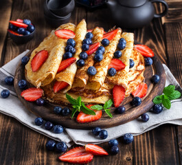 Healthy vegan pancakes crepe with blueberry and strawberry.