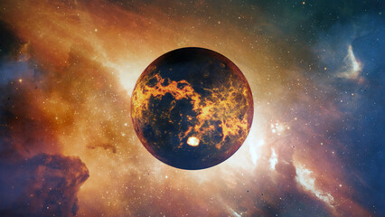 Red planet with explosions and nebula - obrazy, fototapety, plakaty