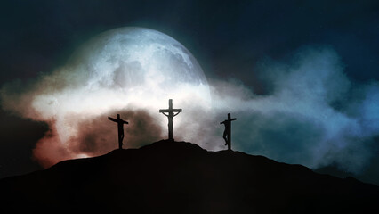 Three crosses on the Calvary at midnight