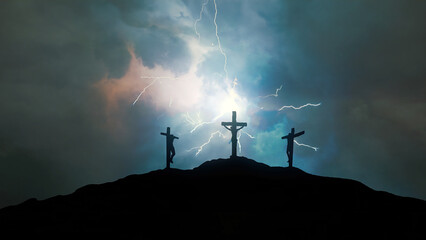Three crosses on the Calvary in a stormy night - obrazy, fototapety, plakaty