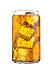 Glass of energy carbonated soda drink with ice on white background