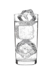 Glass of sparkling water soda drink lemonade with ice on white background