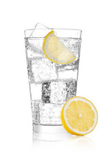 Glass of sparkling water soda drink lemonade with ice and lime lemon slice on white background
