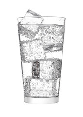 Glass of sparkling water soda drink lemonade with ice on white background