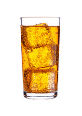 Glass of orange energy carbonated soda drink with ice on white background