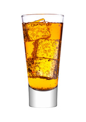Glass of orange energy carbonated soda drink with ice on white background
