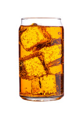 Glass of orange energy carbonated soda drink with ice on white background