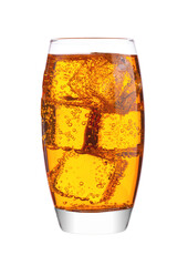 Glass of orange energy carbonated soda drink with ice on white background