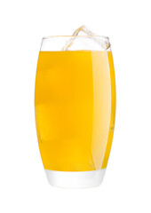 Glasses with orange soda drink and ice cubes on white background