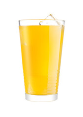 Glasses with orange soda drink and ice cubes on white background