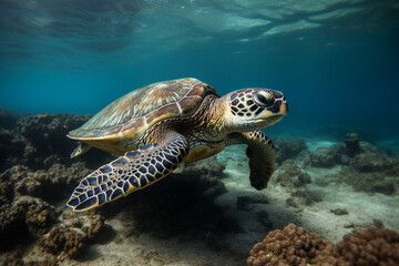 Fototapeta premium Turtle swimming underwater generative AI
