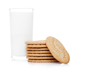 Healthy bio breakfast grain biscuits with milk on white background
