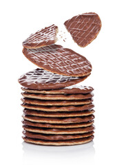 Chocolate cookies biscuit breakfast thins with milk chocolate on white background