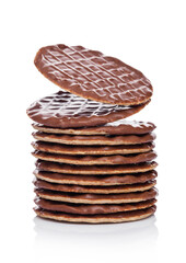 Chocolate cookies biscuit breakfast thins with milk chocolate on white background