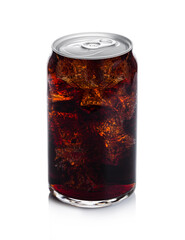 Glass of cold cola soda drink with ice cubes aluminium tin top on white background