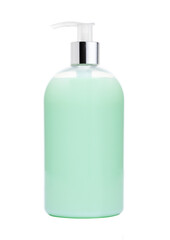 Light turquoise liquid soap spa container on white background