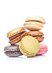 French luxury colorful macarons dessert cakes on white background with sugar on top