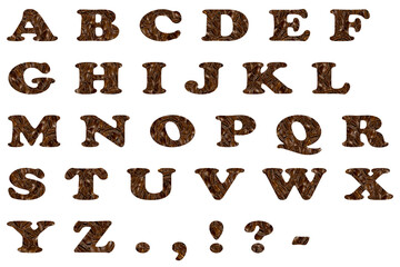 english alphabet made from coffee beans on white background