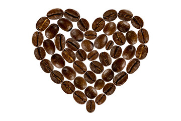 coffee beans in the form of heart on a white background