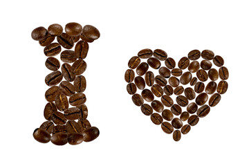I love coffee inscription from coffee beans on white background