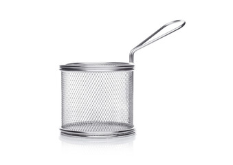 Stainless steel round basket for french fries on white background