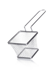 Stainless steel basket for french fries on white background