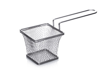 Stainless steel basket for french fries on white background