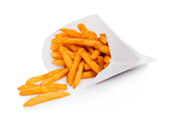 Southern french fries with paprika and salt in paper bag container on white background