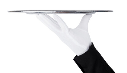 Servant wearing white glove holds stainless steel tray on white background
