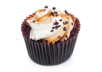 Fresh toffee cupcake muffin with caramel and chocolate on white background