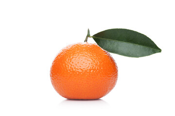 Fresh organic mandarin tangerine fruit with leaves on white background