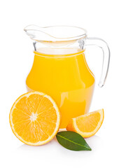 Glass jar of organic fresh orange smoothie juice with raw oranges on white background