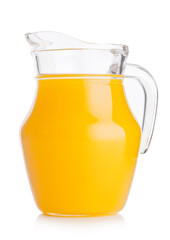 Glass jar of organic fresh orange smoothie juice with reflection on white background