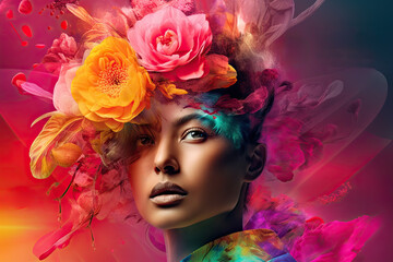 Portrait of woman with colorful flowers on her head